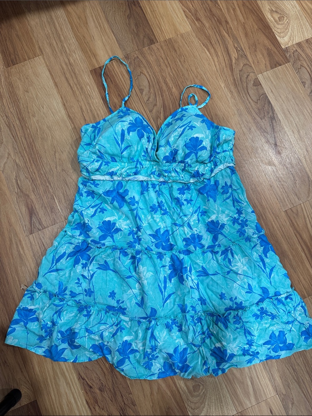 No Boundaries Aqua Blue Floral Tiered Dress